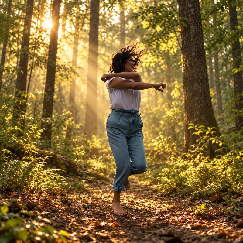Adelaida en movimiento en el bosque